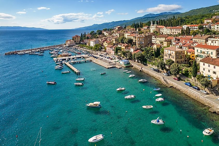 Aerial view of the beautiful seafront in Volosko district of Opatija, Adriatic sea, Croatia. 