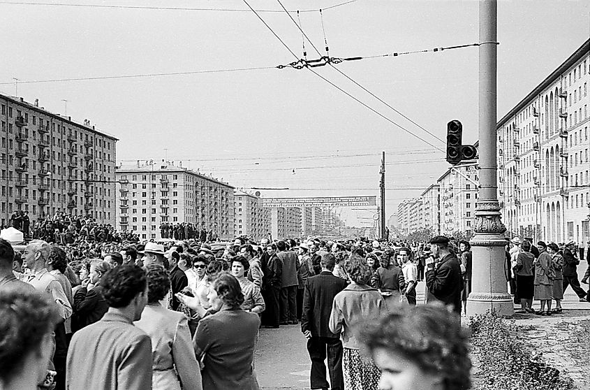 Moscow, USSR - July 10, 1959: meeting of the Khrushchev and Ulbricht motorcade on Leninsky prospekt. Editorial credit: Real Sports Photos / Shutterstock.com 