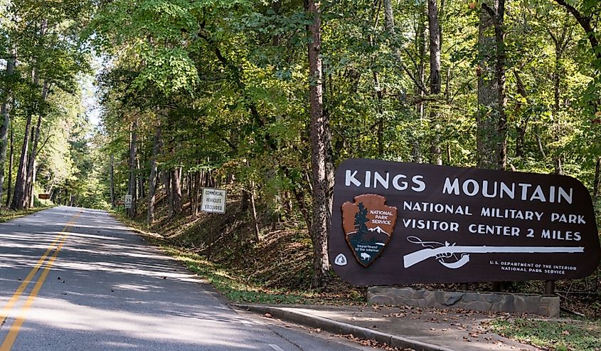 The sign at the entrance to Kings Mountain National Military Park, the location of a historic Revolutionary War battle.