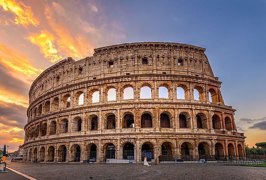 The Colosseum amphitheatre in Rome viewed from the south, showing the partially collapsed outer wall.