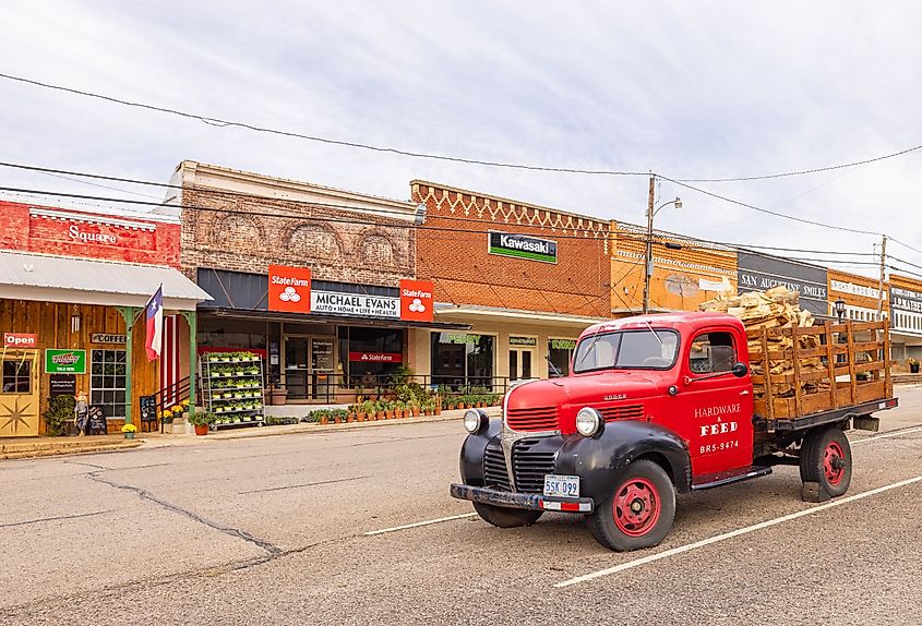 Old business district on Columbia Street in San Augustine, Texas.