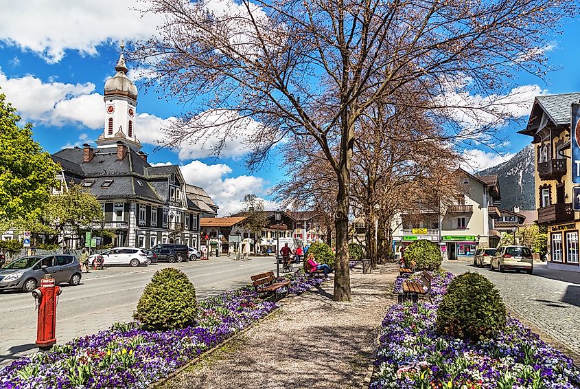 View of the street in Garmisch-Partenkirchen in Bavarian Alps.