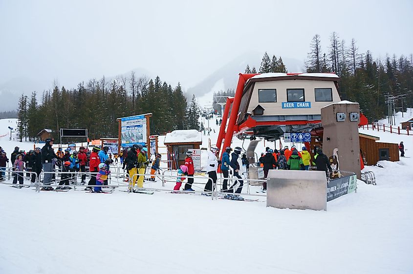 Skiers wait for their turn at the Chair Lift in Fernie, British Columbia, Canada. 