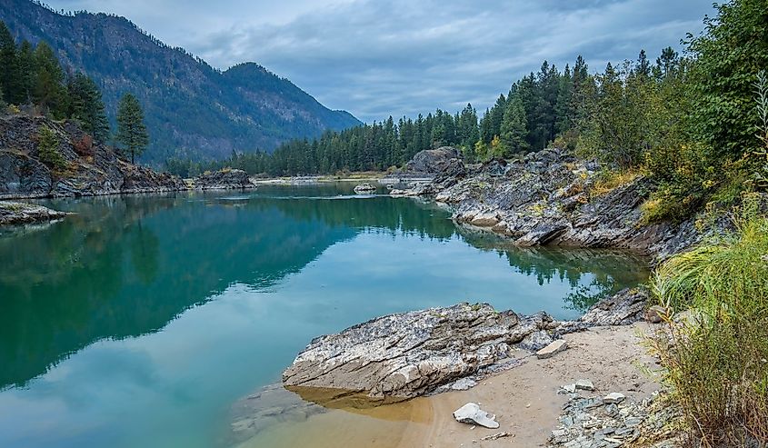 The scenic and calm section of the Clark Fork River just outside of Thompson Falls, Montana.