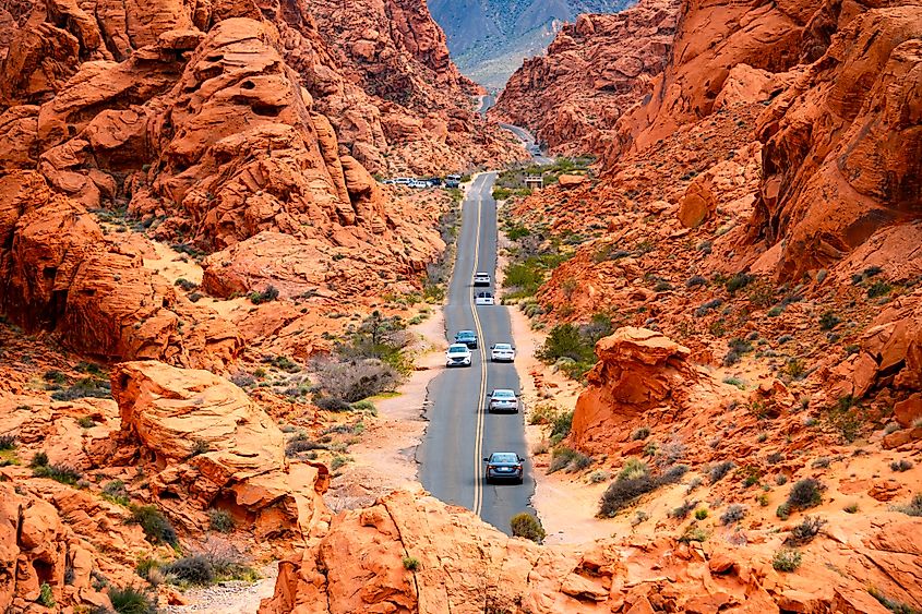 The road through the breathtaking landscape of the Valley of Fire State Park in Nevada.