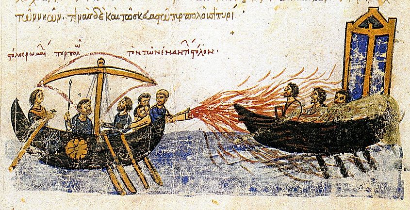  "The Roman fleet burn the opposite fleet down" – A Byzantine ship using Greek fire against a ship belonging to the rebel Thomas the Slav, 821. 12th century illustration from the Madrid Skylitzes.