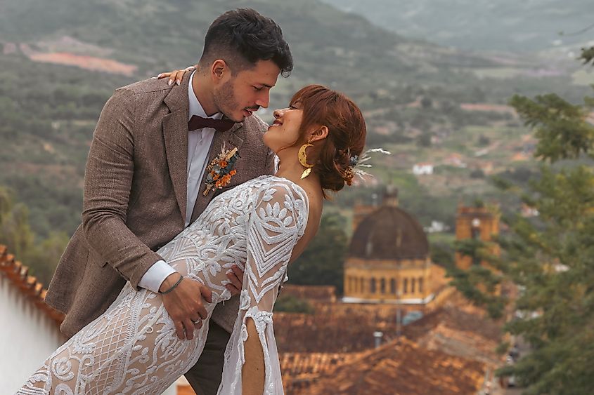 Romantic Wedding Couple in Colonial Town of Barichara, Colombia with Mountain View. Colombia 0 April 2024