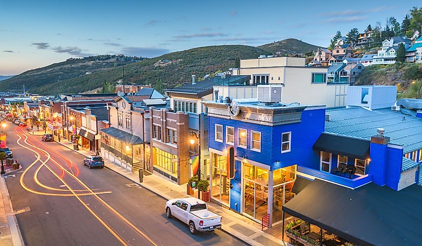 Park City, Utah, town skyline over Main Street at twilight.