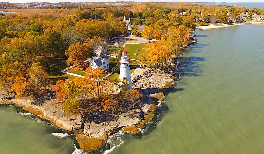 Beautiful aerial view of Marblehead Lighthouse in Marblehead Ohio