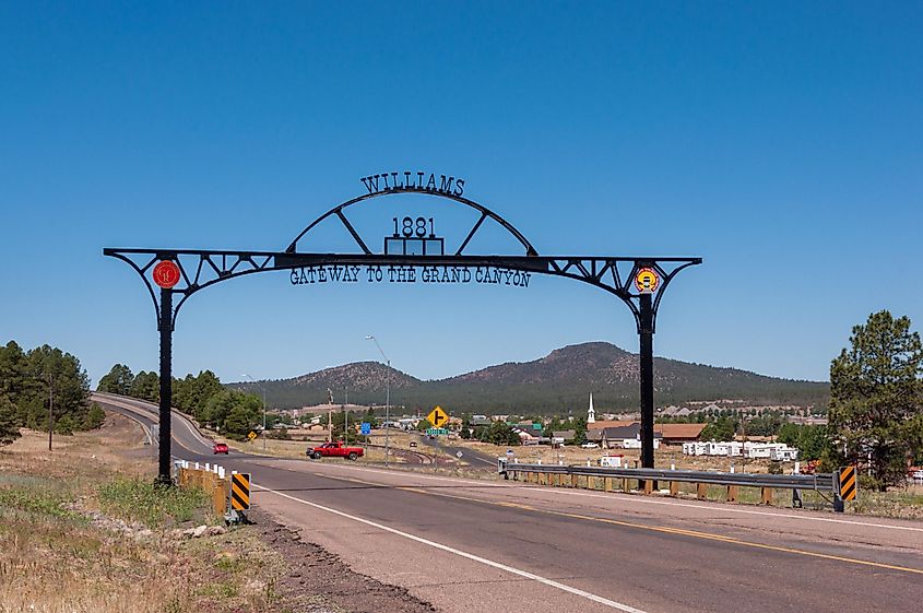 Entrance to the city of Williams located on the way to the Grand Canyon, Arizona USA