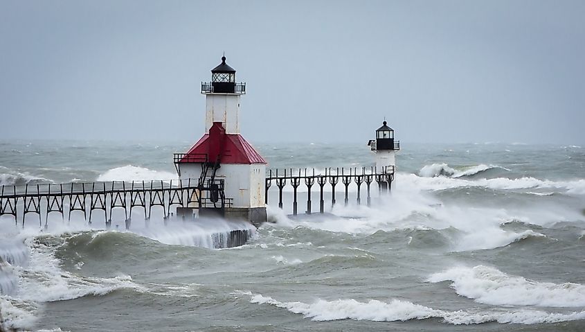 The lighthouse at St Joseph on Lake Michigan during a wind storm