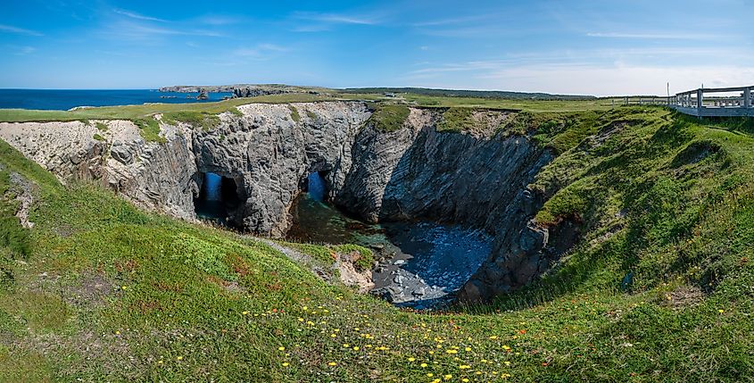 Rock formations carved by the mighty Atlantic Ocean over many years are seen in Dungeon Provincial Park near Cape Bonavista, Newfoundland 