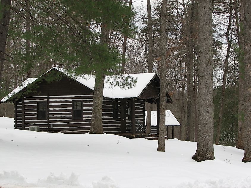 A cabin in the Fairy Stone Park in winter