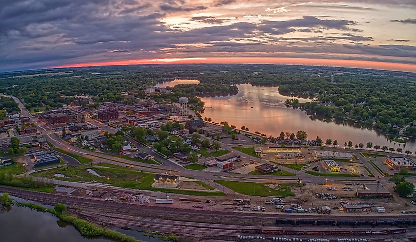 Aerial View of Downtown Albert Lea, Minnesota at Dusk in Summer