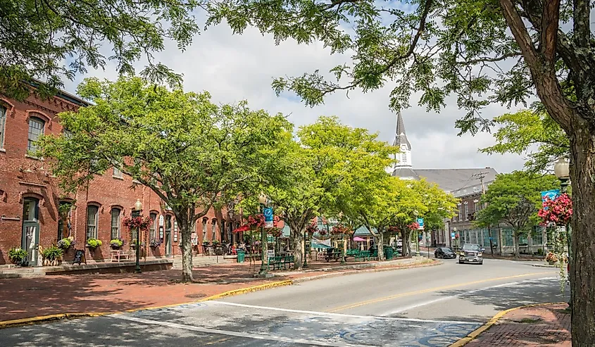 Downtown with historic brick mill buildings, Amesbury, Massachusetts. Image credit Heidi Besen via Shutterstock