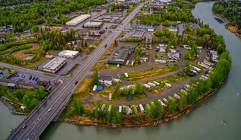 Aerial View of Downtown Soldotana, Alaska during the Summer