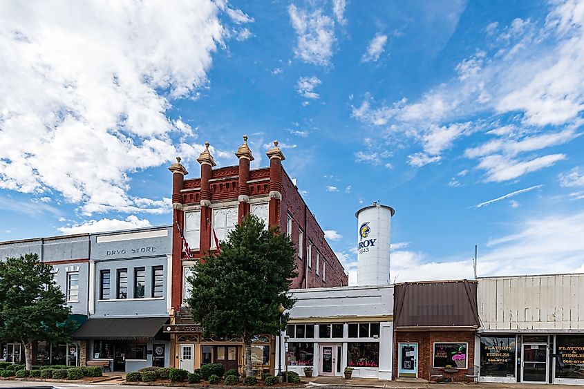 Troy, Alabama, USA - Sept. 3, 2022: Small businesses surrounding the town square of historic Troy, Alabama. JNix via Shutterstock