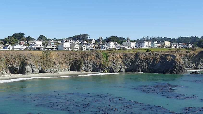 Mendocino coastal community with high cliffs, popular tourist destination, California