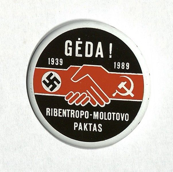 Shame! A metal pin made in 1989 (50th anniversary of the Molotov–Ribbentrop Pact)