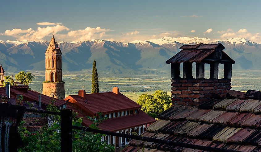 Panoramic view of the town of Sighnaghi, with the Caucasus Mountains