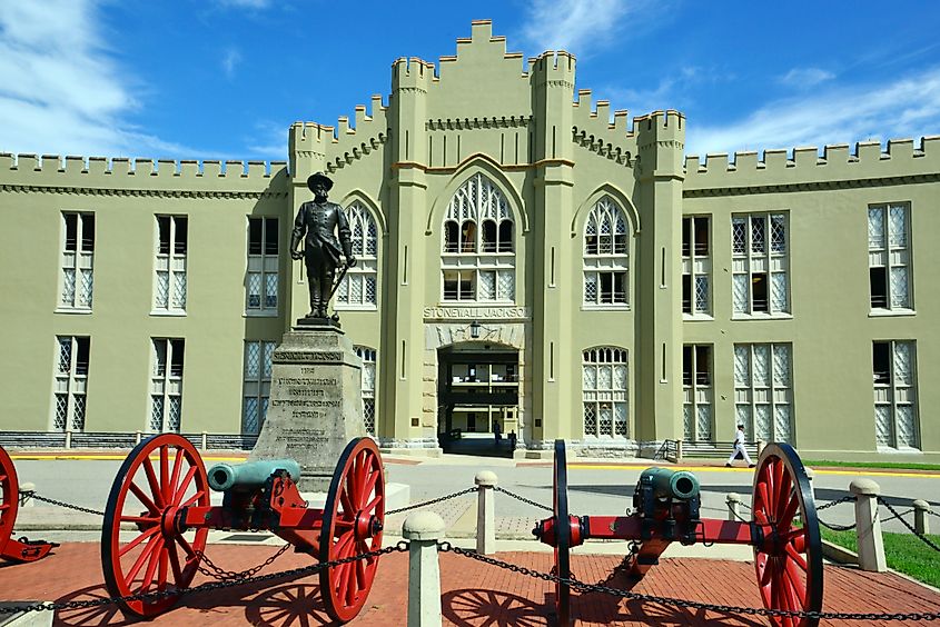 The main entrance to the dormitory quad of the Virginia Military Institute, Lexington, Virginia.