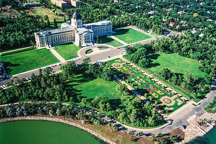 Aerial view of of the Legislative Building in Regina, Saskatchewan, Canada.