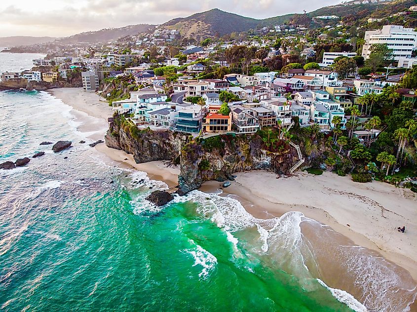 Laguna Beach, California: Aerial view of luxury buildings along the coast.