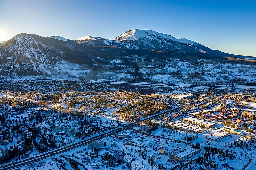 Aerial view of a winter wonderland sunset in Frisco, Colorado