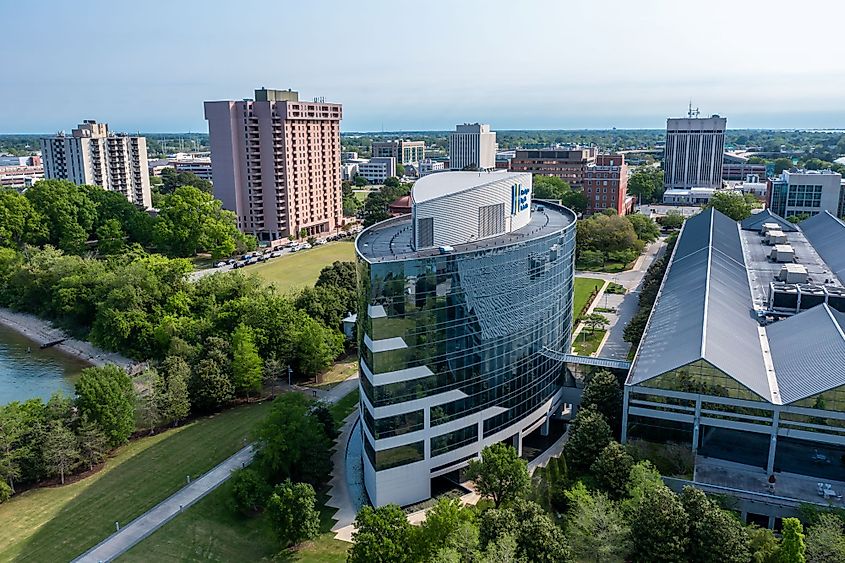 Aerial view of downtown Newport News looking east from Victory Landing Park.