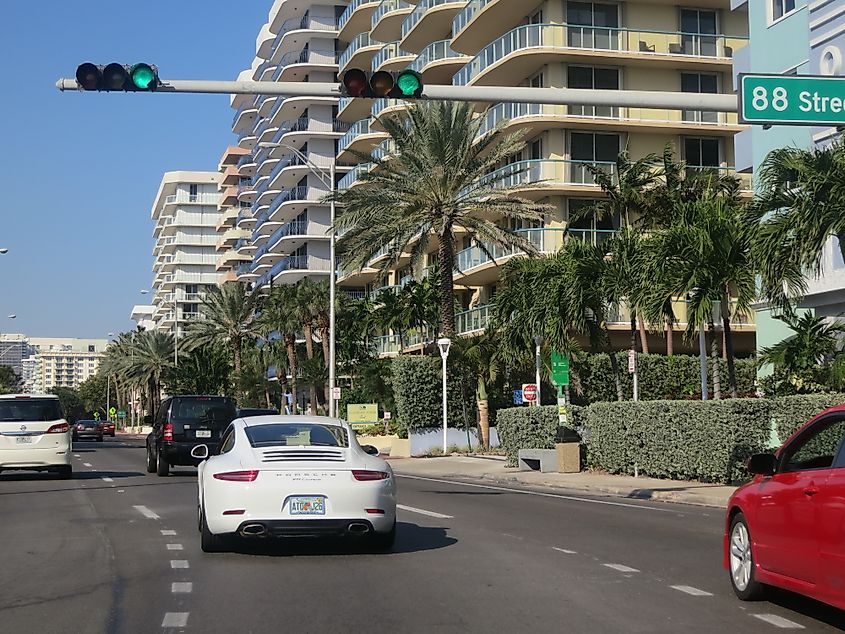 A street lined by skyscrapers in Surfside, Florida