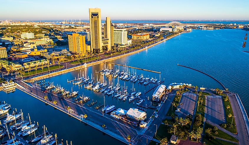 Aerial view of Corpus Christi, Texas bayfront harbor