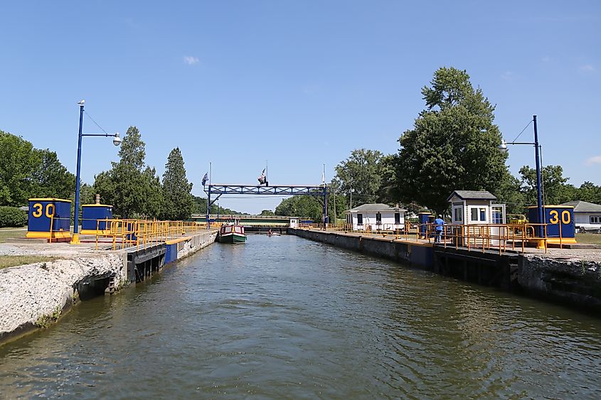 A charter boat inside a Lock 30 on the Erie Canal in Upstate New York
