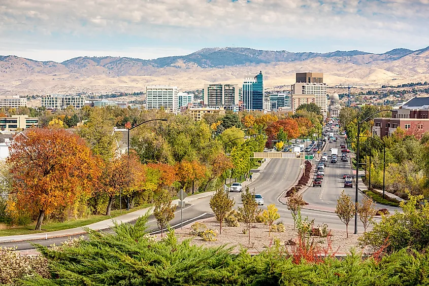 Aerial view of Boise, Ada County, Idaho, with the foothills beyond