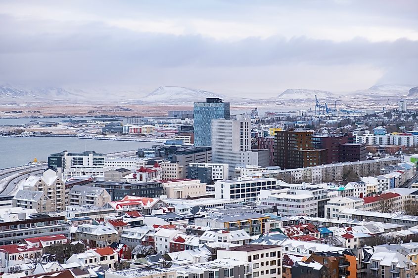Snowy Reykjavík city skyline, Iceland.