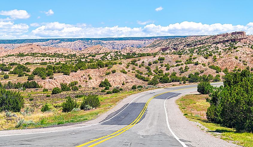 Landscape scenic drive from car point of view during summer from High Road to Taos famous trip near Chimayo and Santa Fe in New Mexico