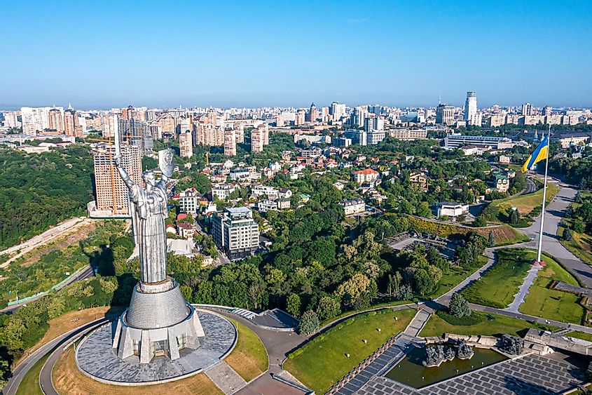 Aerial view of the Motherland Monument in Kyiv, Ukraine