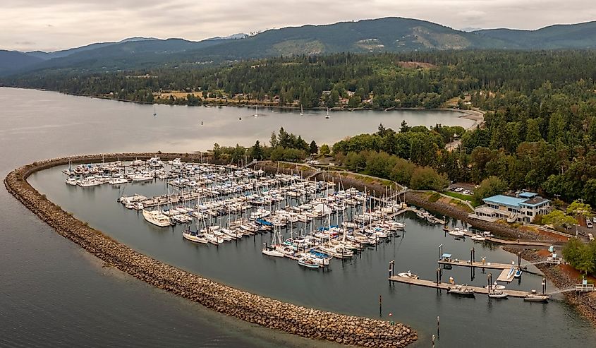 Aerial View of John Wayne Marina, Sequim, Washington.