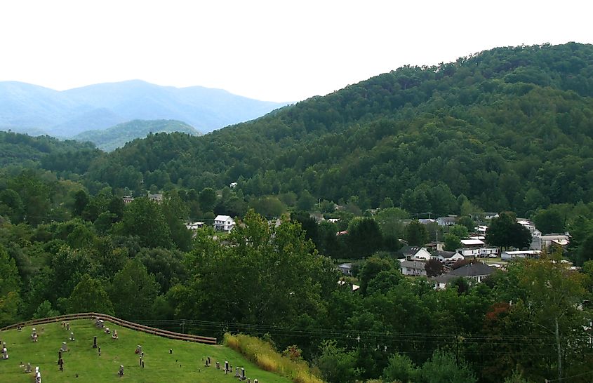 Roan Mountain, the community (foreground, right), and Roan Mountain, the mountain (background, left).