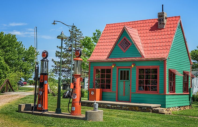 Restored vintage Phillips 66 Gas Station located at Red Oak II, a village of relocated and restored buildings 