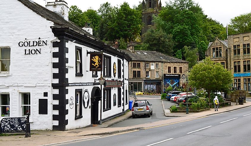 Fielden Square and the Golden Lion public house in Todmorden, United Kingdom.