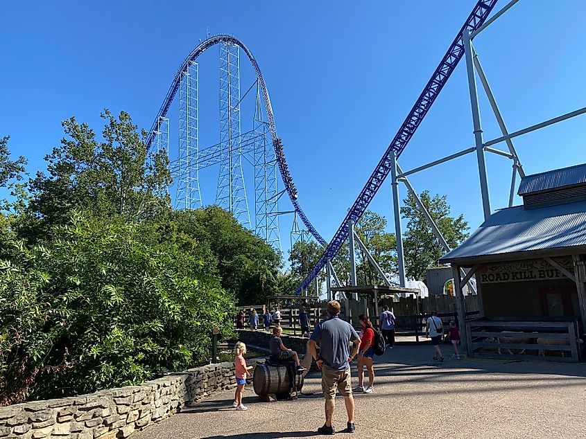 A family plays in front of a massive blue roller coaster. 