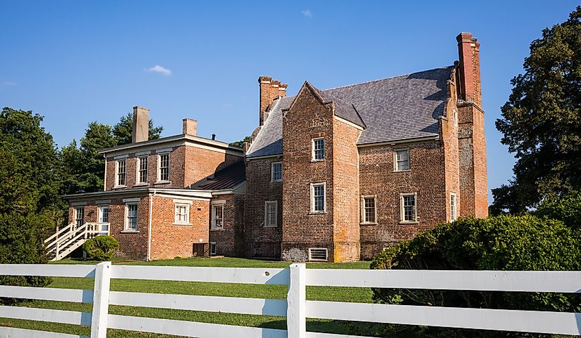 Rear view of Bacon's Castle, built in 1665 and noted as a rare example of Jacobean architecture in the United States