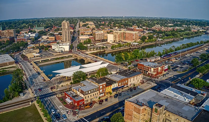 Aerial View of the Chicago Suburb of Elgin, Illinois in Summer