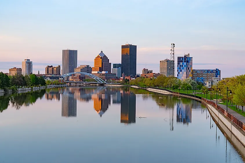 Skyline of Rochester, New York along Genesee River at sunset