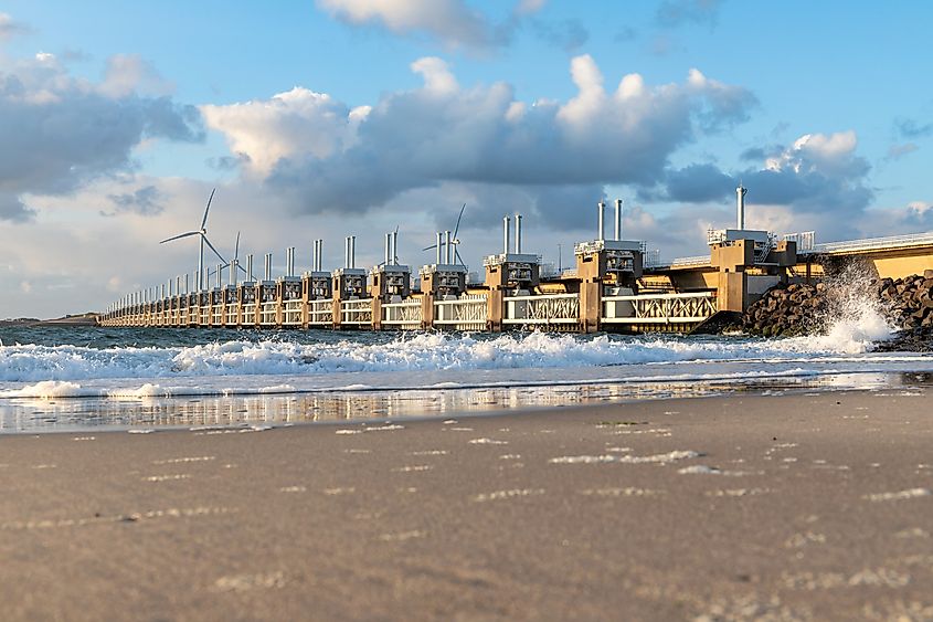 The Oosterscheldekering (Eastern Scheldt storm surge barrier) of the Delta Works flood protection in the Netherlands.