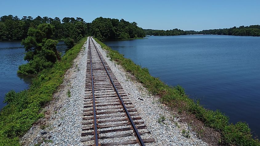 The railway line passing through Lake Blackshear near Cordele, Georgia.