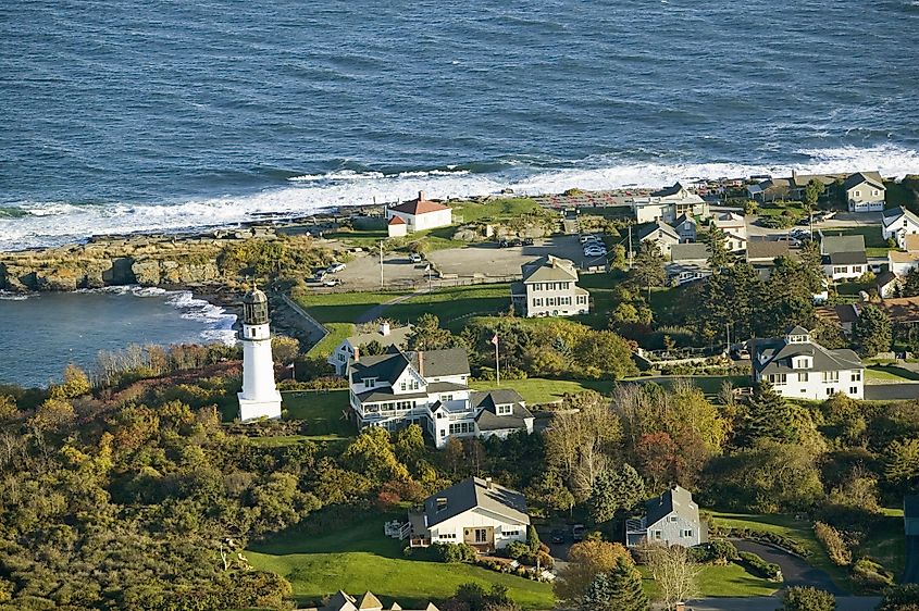 Aerial view of Two Lights Lighthouse on the oceanfront in Cape Elizabeth