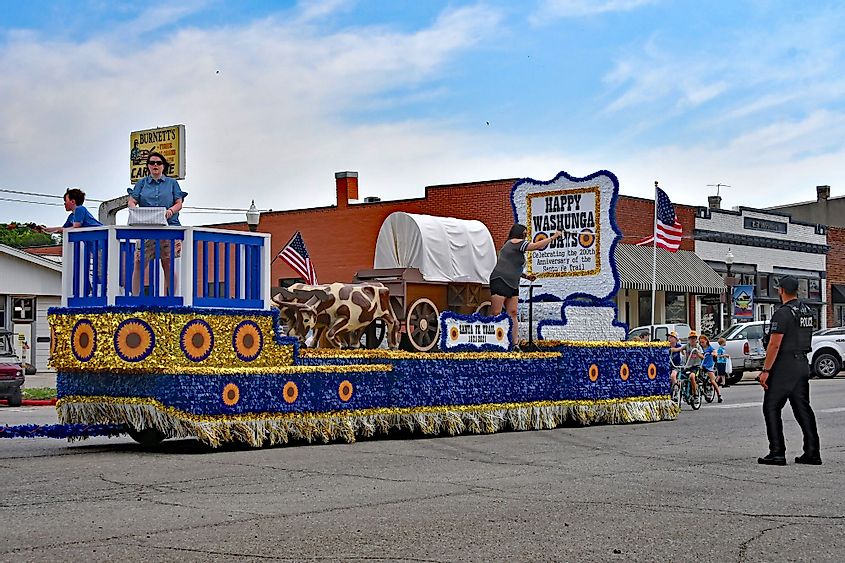 Float celebrating the 200th year of the Santa Fe Trail and the Happy Washunga Days Parade in Council Grove, Kansas