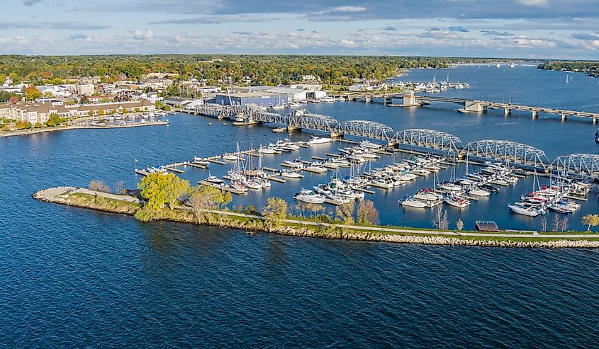 An image of steel bridge and boats located in historic Sturgeon Bay located in Door County Wisconsin