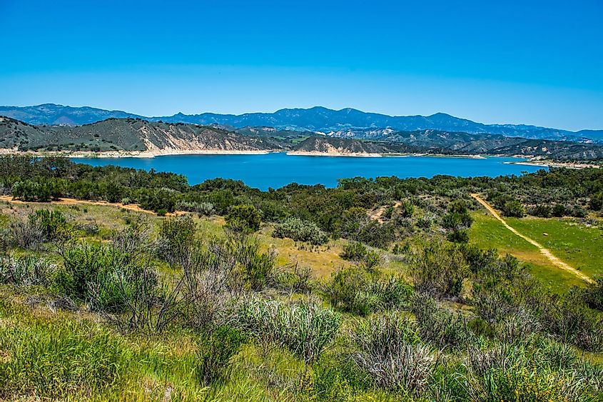 View of Lake Cachuma and the green rolling hills